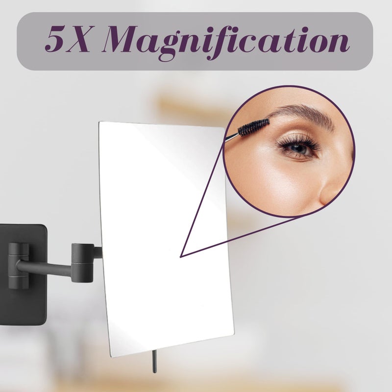 JERDON Wall Mount Makeup Mirror with 5X Magnification - 8.75â€ x 6.5â€ Rectangular Mirror Extends 14â€ â€“ Black Finish â€“ Model JP695BK - Image 5